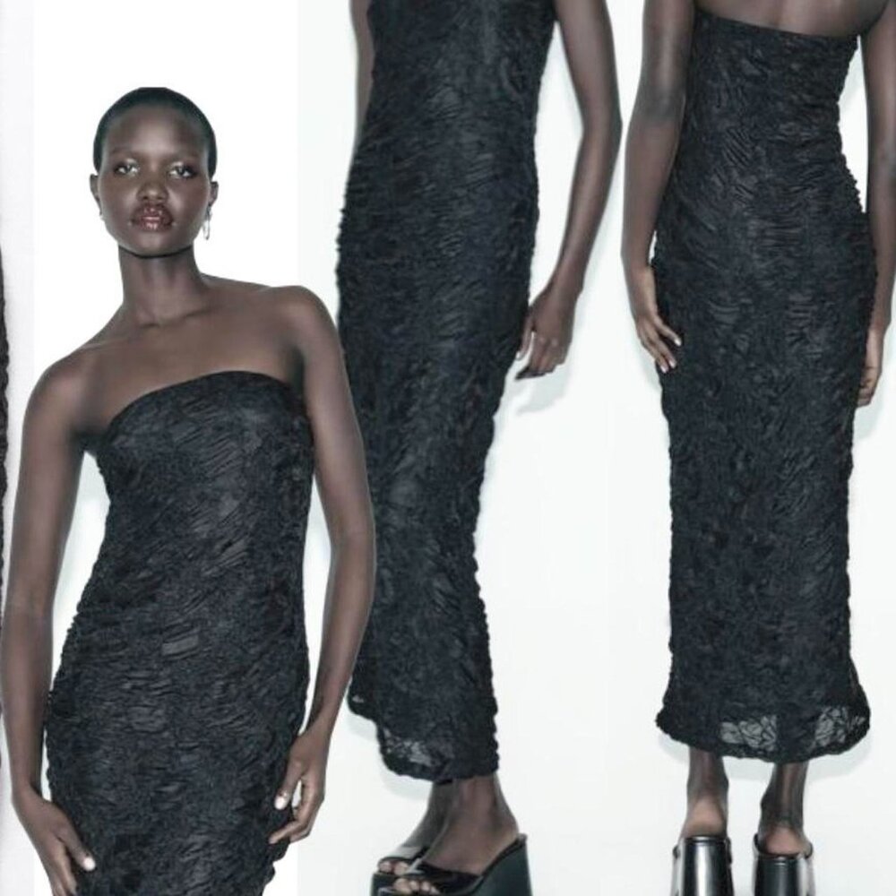 Zara ruched lace strapless midi dress